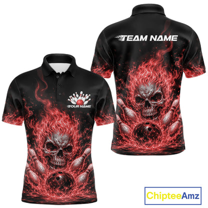Custom Turquoise Blue Flame Skull Halloween Bowling Men Polo Shirt, Bowling Jersey IPHW11955