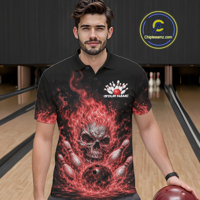 Custom Turquoise Blue Flame Skull Halloween Bowling Men Polo Shirt, Bowling Jersey IPHW11955
