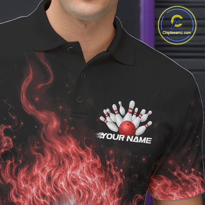Custom Turquoise Blue Flame Skull Halloween Bowling Men Polo Shirt, Bowling Jersey IPHW11955
