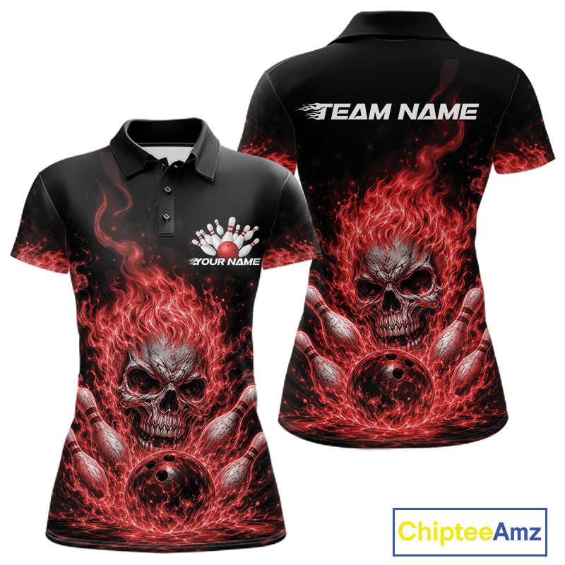 Custom Turquoise Blue Flame Skull Halloween Bowling Women Polo Shirt, Bowling Jersey IPHW11955