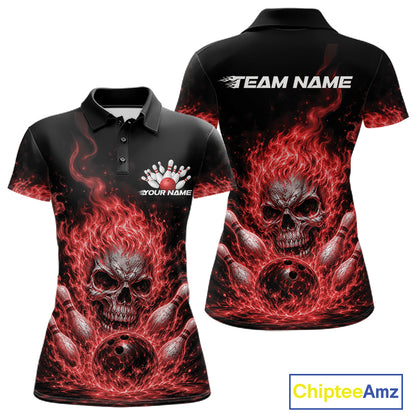 Custom Turquoise Blue Flame Skull Halloween Bowling Women Polo Shirt, Bowling Jersey IPHW11955