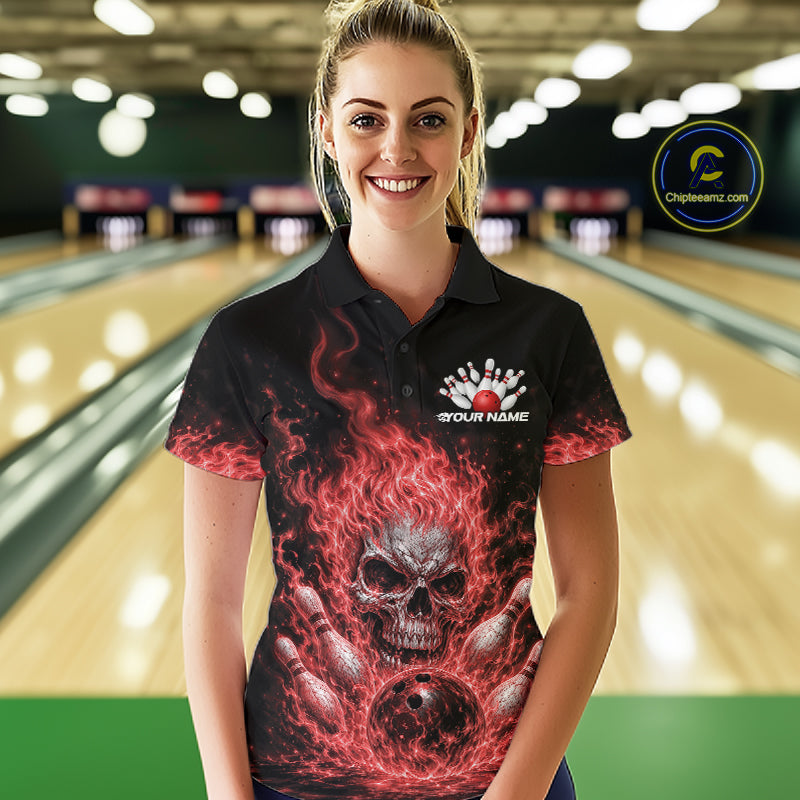 Custom Turquoise Blue Flame Skull Halloween Bowling Women Polo Shirt, Bowling Jersey IPHW11955