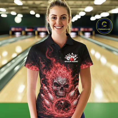Custom Turquoise Blue Flame Skull Halloween Bowling Women Polo Shirt, Bowling Jersey IPHW11955