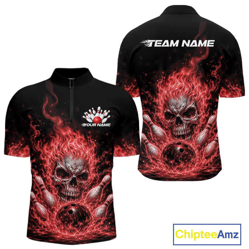 Custom Turquoise Blue Flame Skull Halloween Bowling Men Quarter Zip Shirt, Bowling Jersey IPHW11955