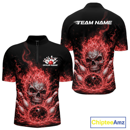 Custom Turquoise Blue Flame Skull Halloween Bowling Men Quarter Zip Shirt, Bowling Jersey IPHW11955