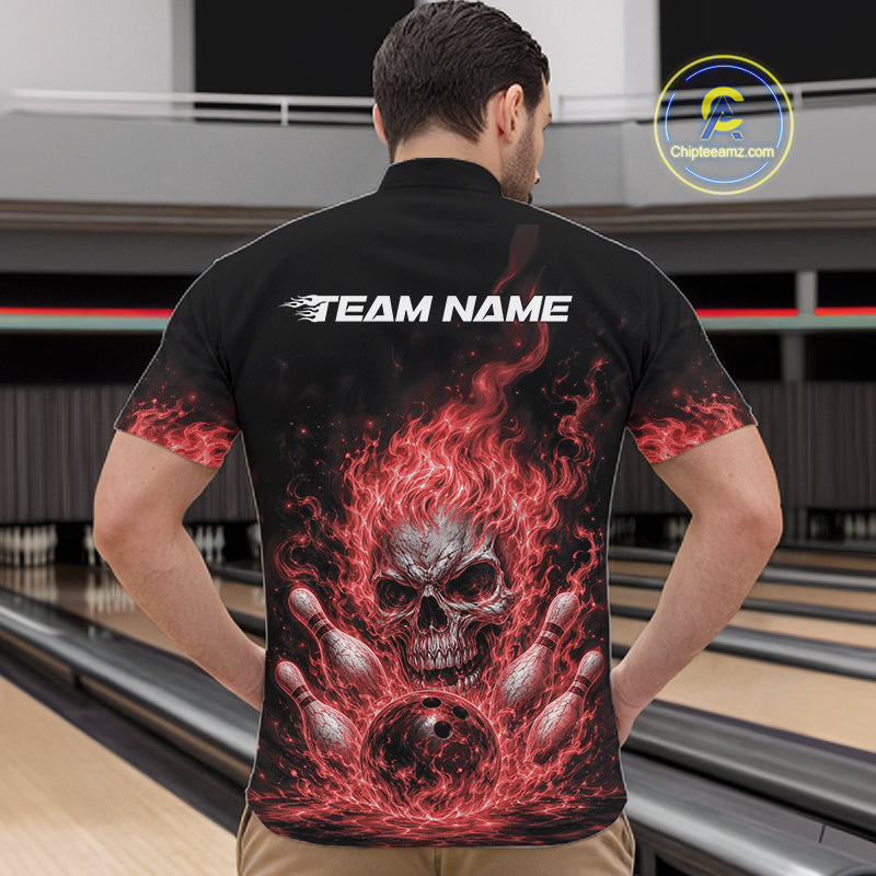Custom Turquoise Blue Flame Skull Halloween Bowling Men Quarter Zip Shirt, Bowling Jersey IPHW11955