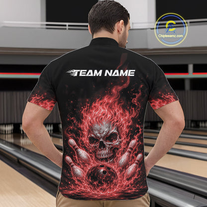Custom Turquoise Blue Flame Skull Halloween Bowling Men Quarter Zip Shirt, Bowling Jersey IPHW11955