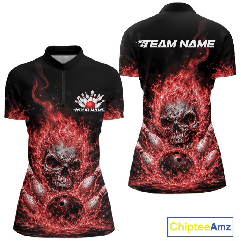 Custom Turquoise Blue Flame Skull Halloween Bowling Women Quarter-Zip Shirt IPHW11955