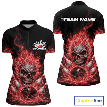 Custom Turquoise Blue Flame Skull Halloween Bowling Women Quarter-Zip Shirt IPHW11955