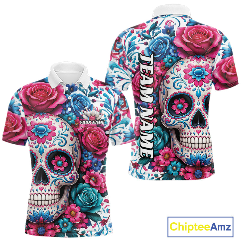 Custom Colorful Rose Sugar Skull Halloween Bowling Team Men Polo Shirt IPHW11965