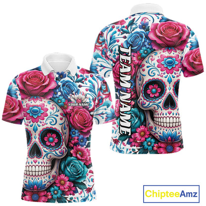 Custom Colorful Rose Sugar Skull Halloween Bowling Team Men Polo Shirt IPHW11965