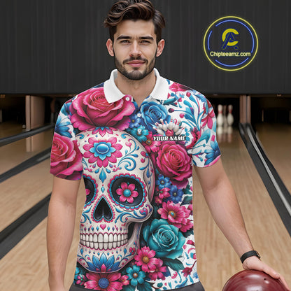 Custom Colorful Rose Sugar Skull Halloween Bowling Team Men Polo Shirt IPHW11965