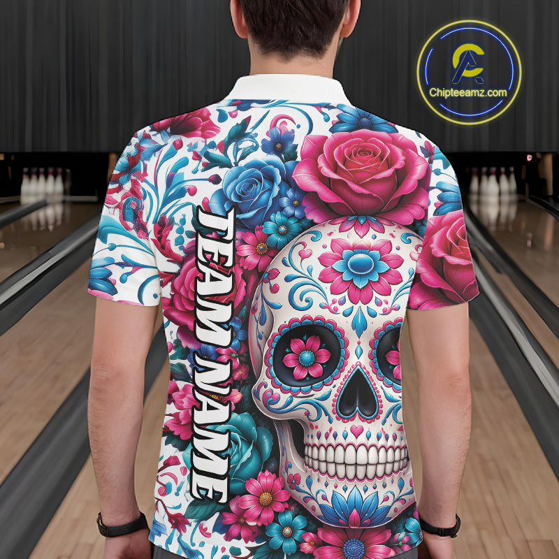 Custom Colorful Rose Sugar Skull Halloween Bowling Team Men Polo Shirt IPHW11965