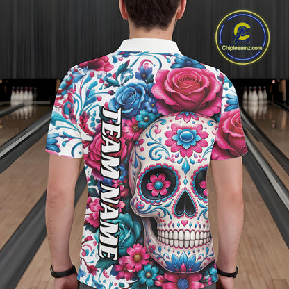 Custom Colorful Rose Sugar Skull Halloween Bowling Team Men Polo Shirt IPHW11965