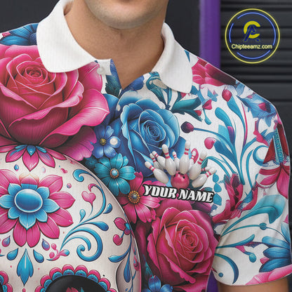 Custom Colorful Rose Sugar Skull Halloween Bowling Team Men Polo Shirt IPHW11965