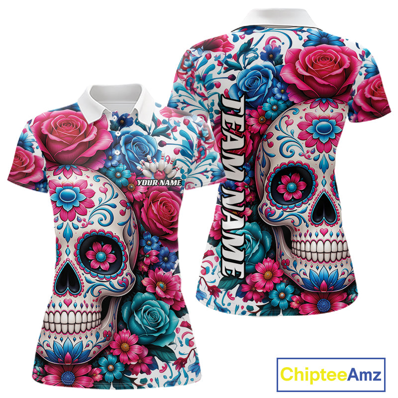 Custom Colorful Rose Sugar Skull Halloween Bowling Team Women Polo Shirt IPHW11965