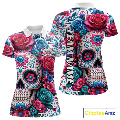 Custom Colorful Rose Sugar Skull Halloween Bowling Team Women Polo Shirt IPHW11965