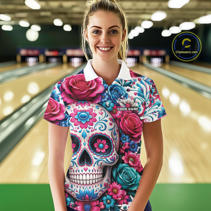 Custom Colorful Rose Sugar Skull Halloween Bowling Team Women Polo Shirt IPHW11965