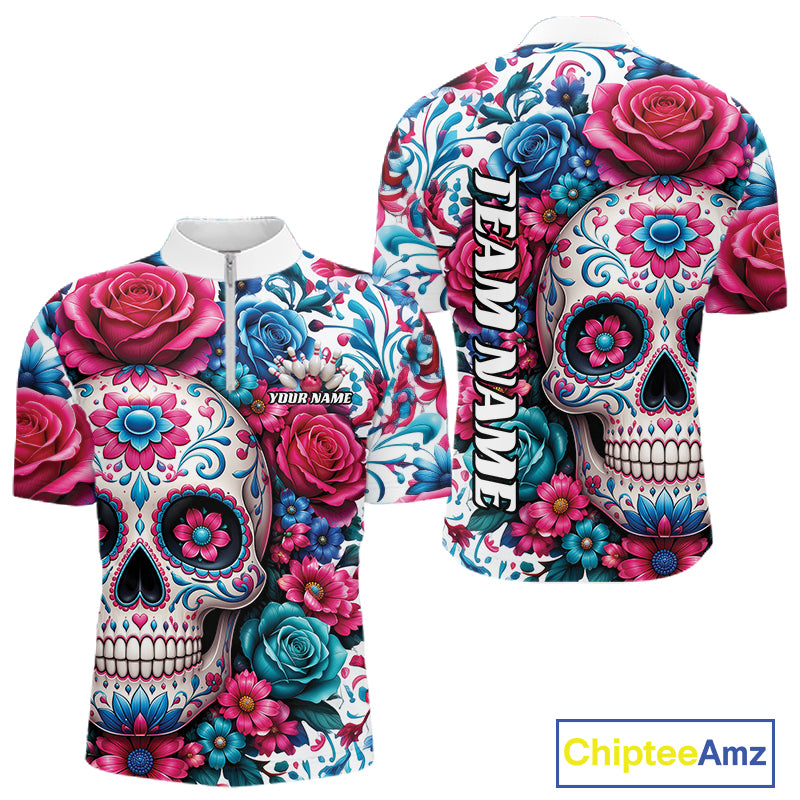 Custom Colorful Rose Sugar Skull Halloween Bowling Team Men Quarter Zip Shirt IPHW11965