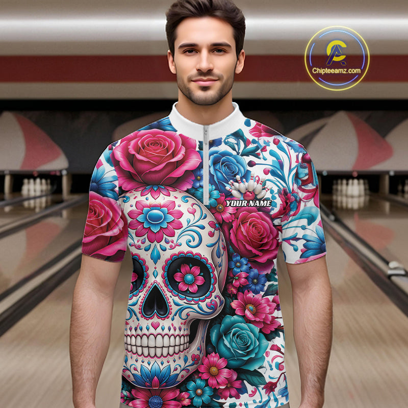 Custom Colorful Rose Sugar Skull Halloween Bowling Team Men Quarter Zip Shirt IPHW11965