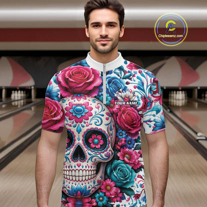Custom Colorful Rose Sugar Skull Halloween Bowling Team Men Quarter Zip Shirt IPHW11965
