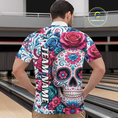 Custom Colorful Rose Sugar Skull Halloween Bowling Team Men Quarter Zip Shirt IPHW11965