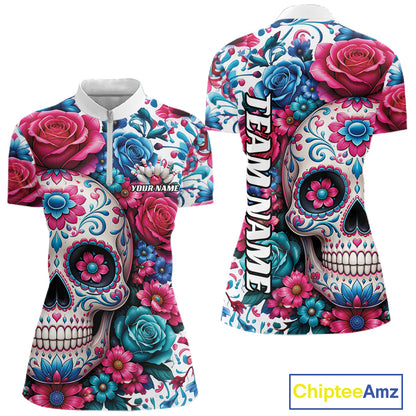 Custom Colorful Rose Sugar Skull Halloween Bowling Team Women Quarter-Zip Shirt IPHW11965