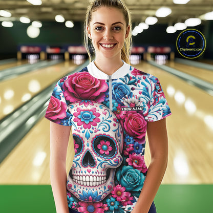 Custom Colorful Rose Sugar Skull Halloween Bowling Team Women Quarter-Zip Shirt IPHW11965