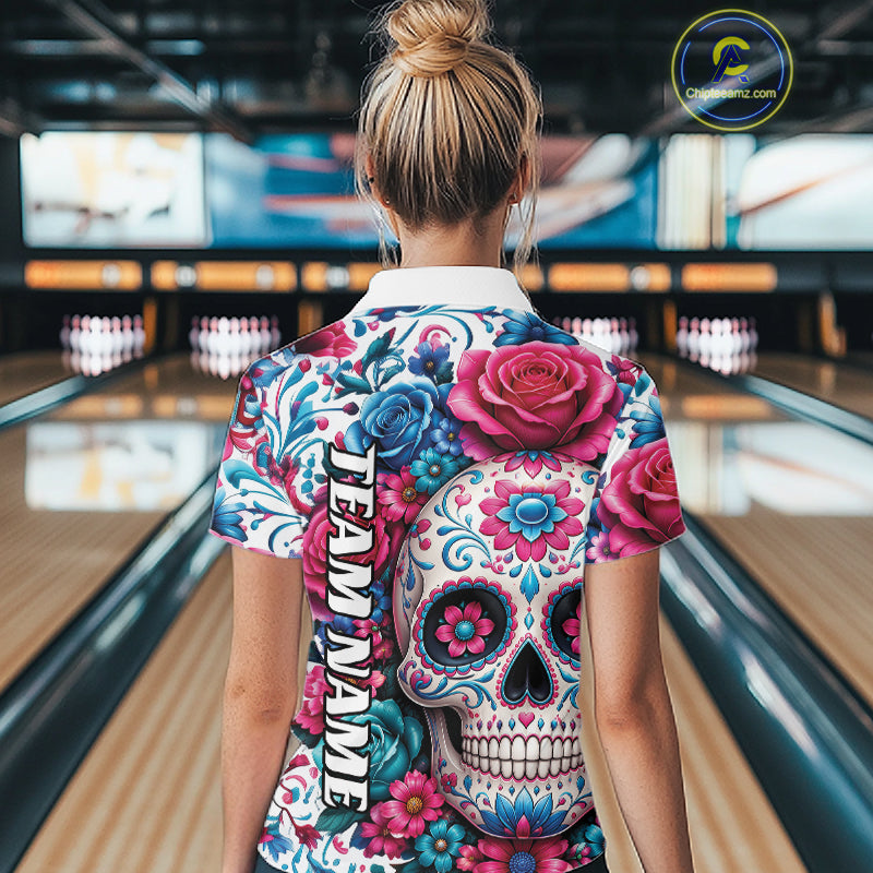Custom Colorful Rose Sugar Skull Halloween Bowling Team Women Quarter-Zip Shirt IPHW11965