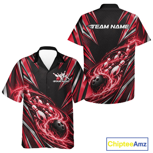 Custom Black And Red Flame Bowling Men And Women Button Up Shirt, Bowling Jersey Bowlers Outfit IPHW12302