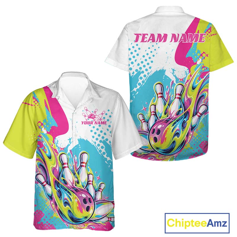 Custom Colorful Flame Bowling Casual Men And Women Button Up Shirt, Bowling Team League Shirt IPHW12761