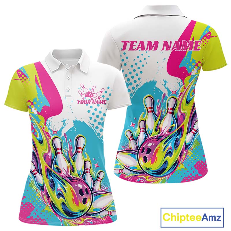 Custom Colorful Flame Bowling Casual Women Polo Shirt, Bowling Team League Shirt IPHW12761