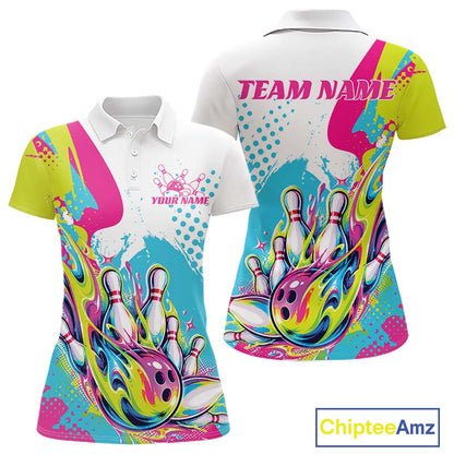 Custom Colorful Flame Bowling Casual Women Polo Shirt, Bowling Team League Shirt IPHW12761