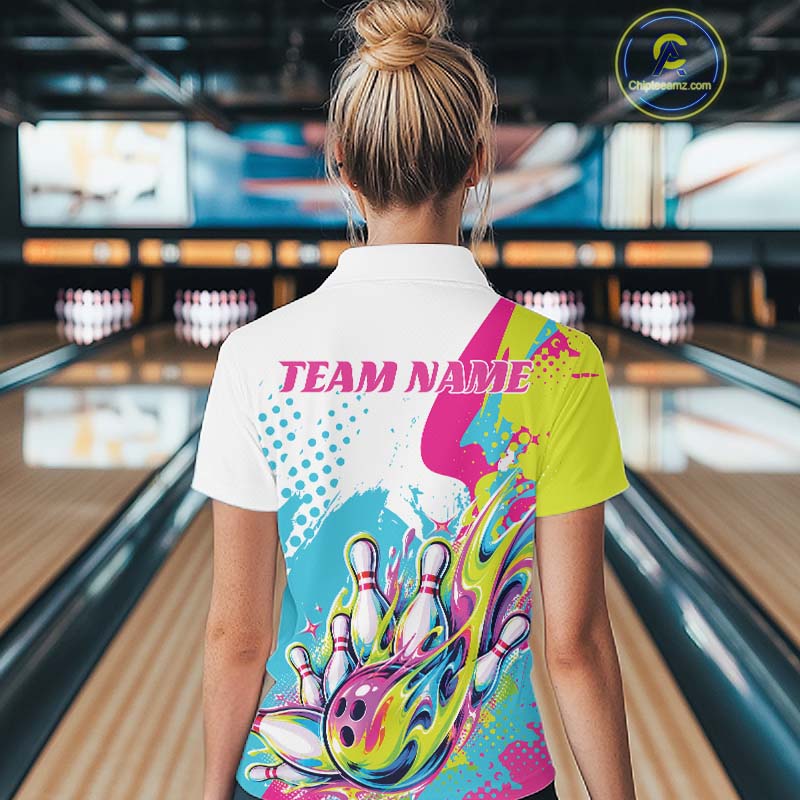 Custom Colorful Flame Bowling Casual Women Polo Shirt, Bowling Team League Shirt IPHW12761