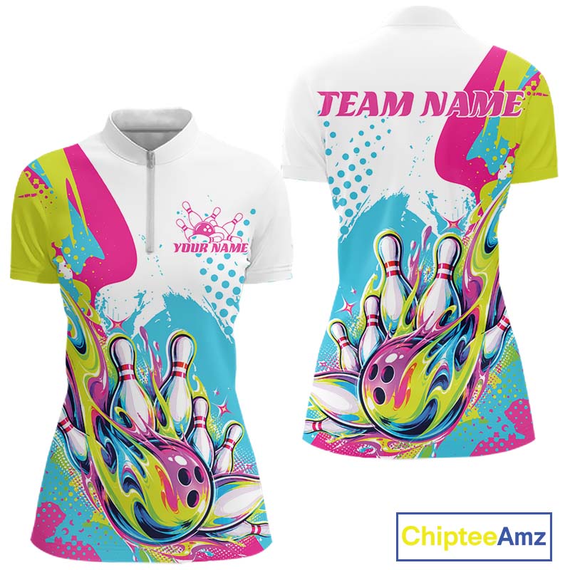 Custom Colorful Flame Bowling Casual Women Quarter-Zip Shirt, Bowling Team League Shirt IPHW12761