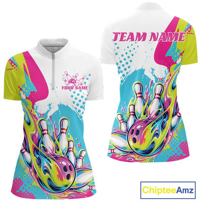Custom Colorful Flame Bowling Casual Women Quarter-Zip Shirt, Bowling Team League Shirt IPHW12761