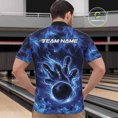 Front view of a blue mens bowling quarter-zip displaying a bowling ball surrounded by blazing flames.