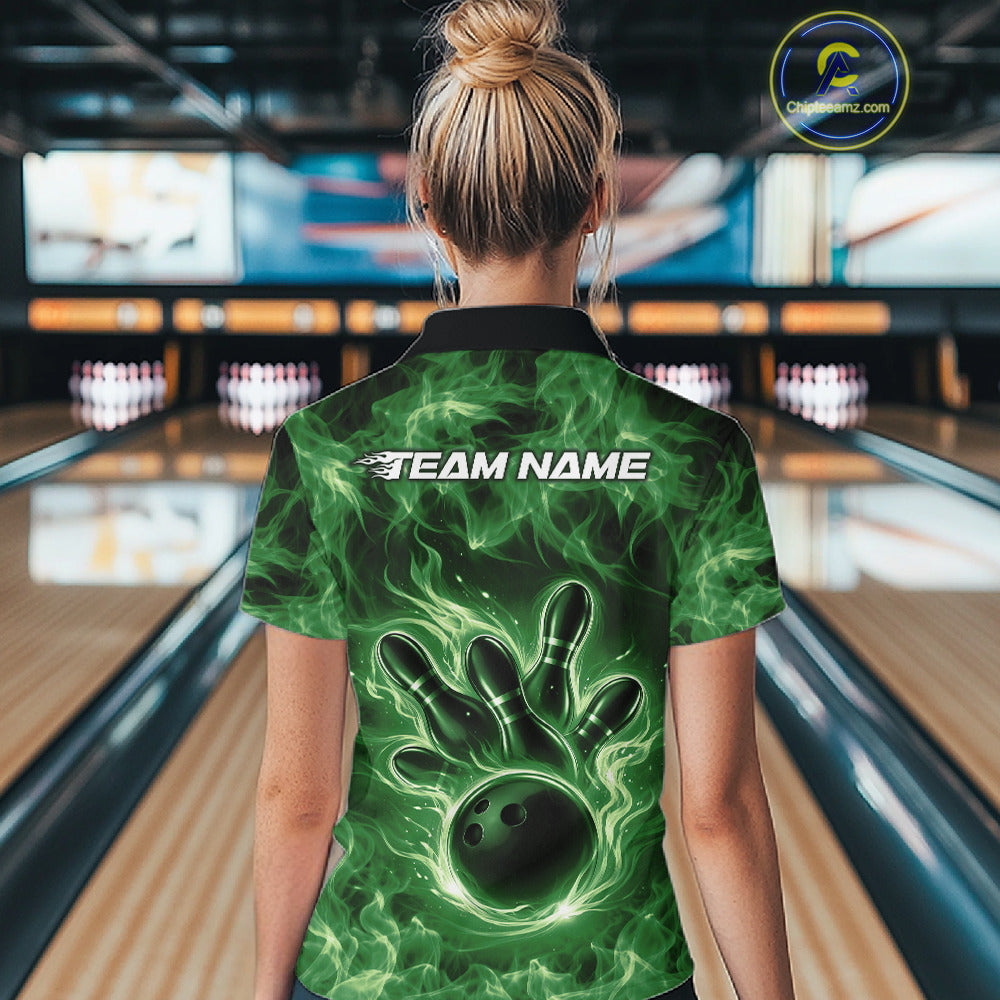 Back view of a green bowling quarter-zip displaying a fiery bowling ball graphic.