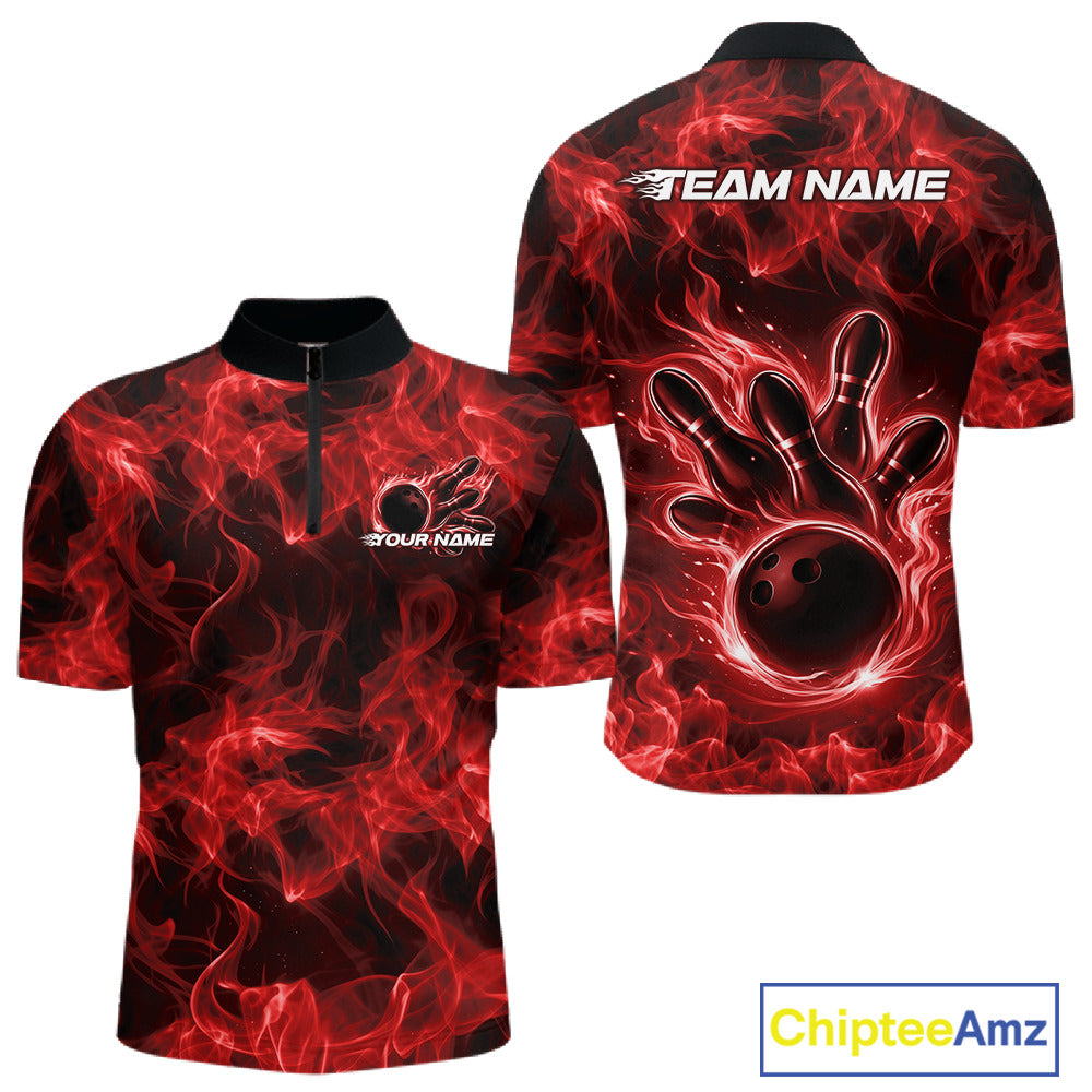 Front and back mens red bowling quarter-zip featuring a bowling ball surrounded by bold flame graphics.