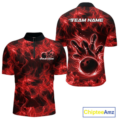 Front and back mens red bowling quarter-zip featuring a bowling ball surrounded by bold flame graphics.