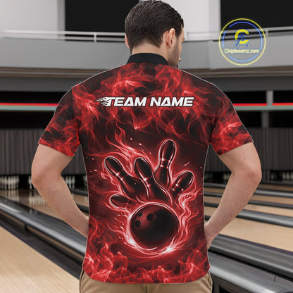 Front view of a red mens bowling quarter-zip displaying a bowling ball wrapped in flame accents.