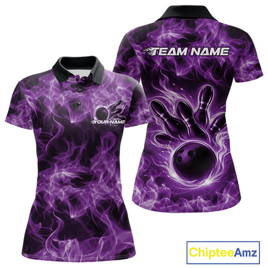 Front and back womens purple bowling polo featuring a bowling ball surrounded by flame artwork.