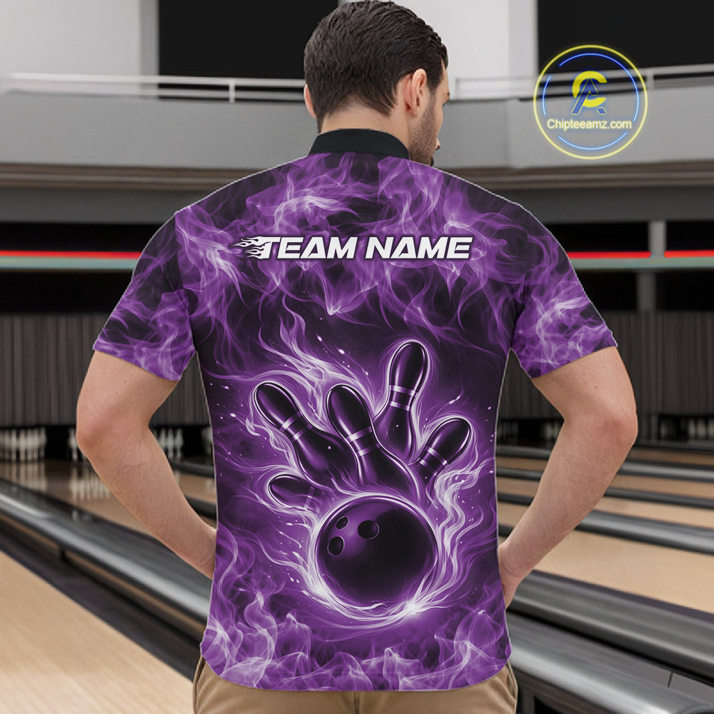 Front view of a purple mens quarter-zip showcasing a bowling ball encircled by dynamic flames.