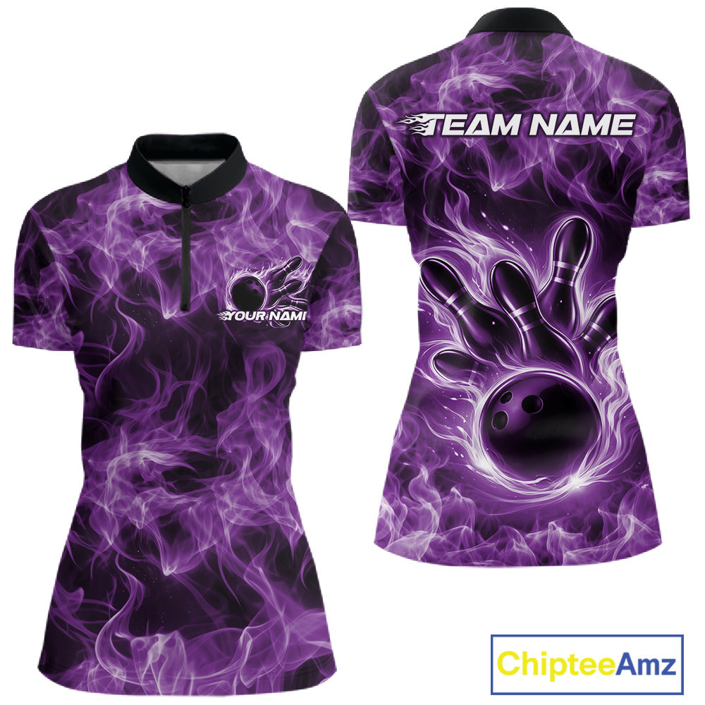 Front and back womens purple bowling quarter-zip featuring a bowling ball surrounded by blazing flame artwork.