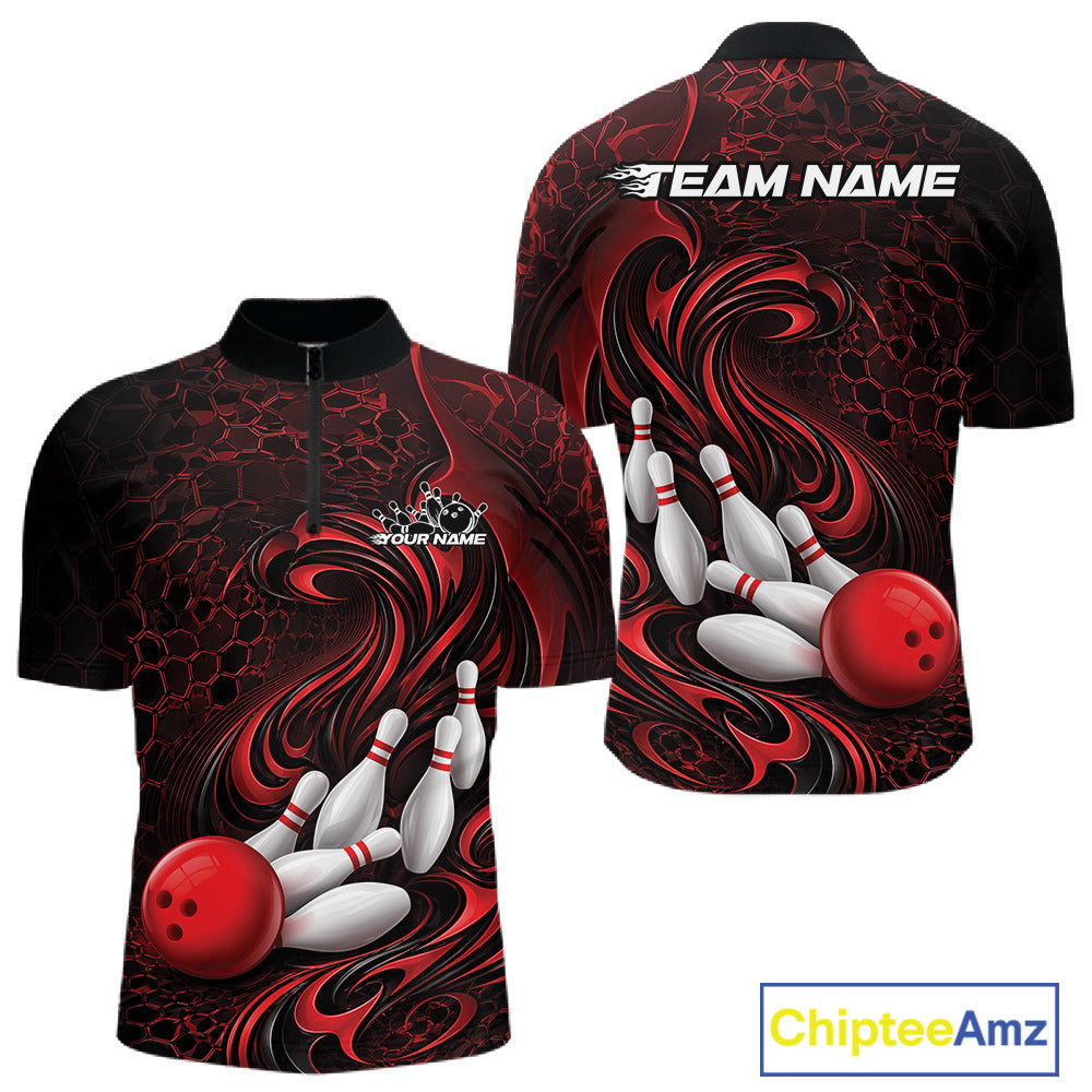 Front and back view of a black and red mens bowling quarter-zip shirt featuring a tribal flame bowling ball and pins graphic
