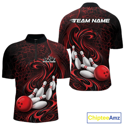 Front and back view of a black and red mens bowling quarter-zip shirt featuring a tribal flame bowling ball and pins graphic