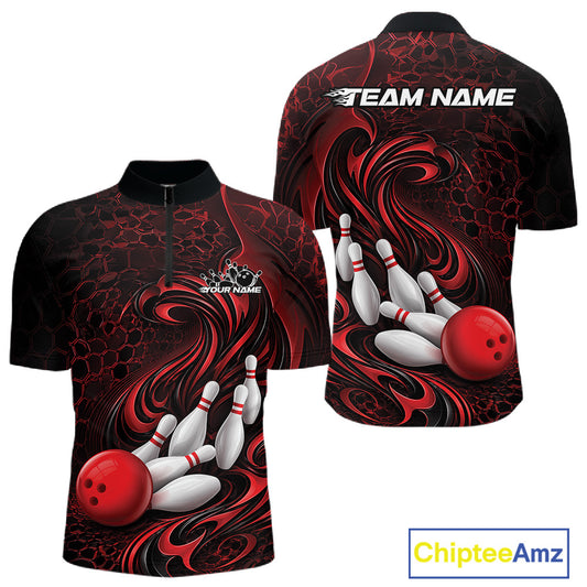 Front and back view of a black and red mens bowling quarter-zip shirt featuring a tribal flame bowling ball and pins graphic