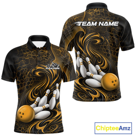 Front and back view of a black and yellow mens bowling polo shirt featuring a tribal flame bowling ball and pins graphic