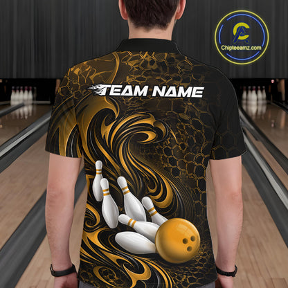 Back view of a male model wearing a black and yellow bowling polo shirt in a bowling alley featuring a tribal flame bowling ball and pins graphic
