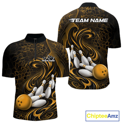 Front and back view of a black and yellow mens bowling quarter-zip shirt featuring a tribal flame bowling ball and pins graphic